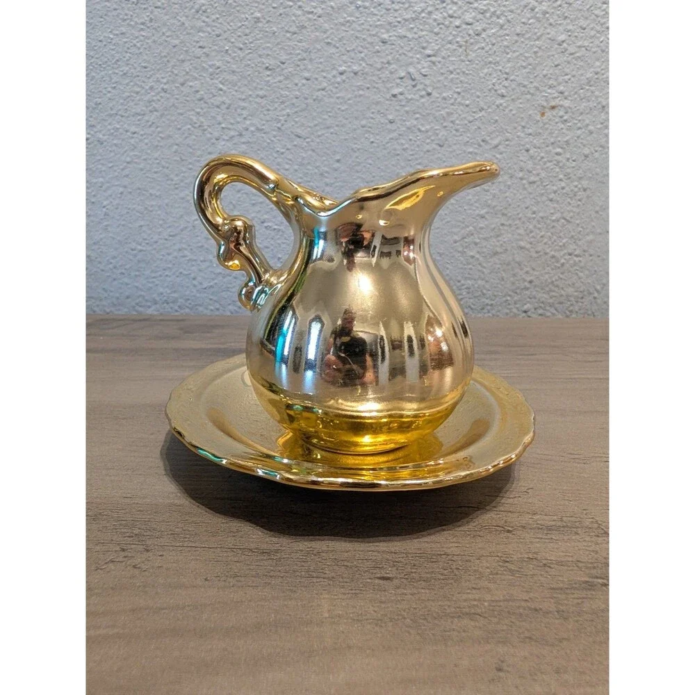 Vintage Made in Japan Gold Luster Peacock Pitcher Basin Bowl Set Floral Bird